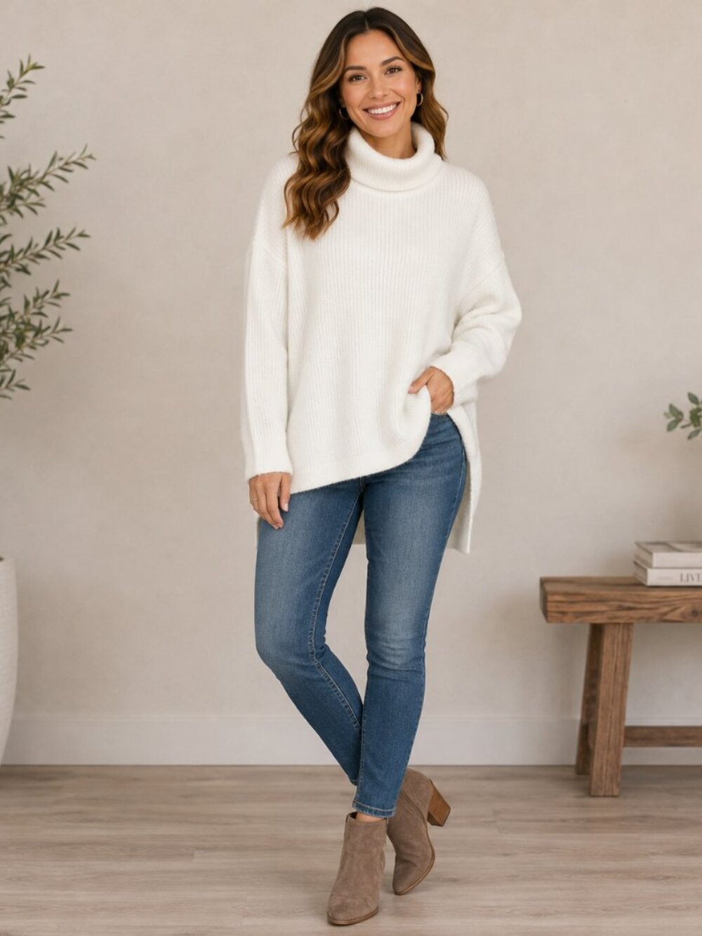 Glam Turtleneck Oversized Sweater Size L Cream Capsule Lagenlook Cozy Minimalist